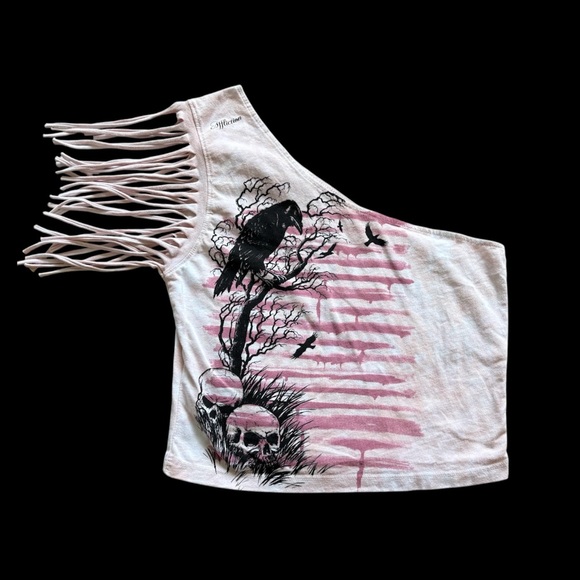 Affliction Tops - Affliction Woman’s Small Limited Edition Crow With Skull Off The Shoulder Top